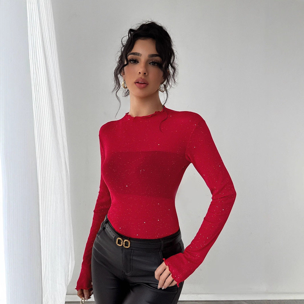 European And American Sequined Top Women's Slim-fit Long-sleeved Shiny Bling Commuter Top