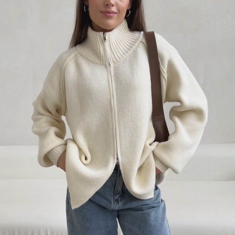 Solid Color Stand Collar Knitted Cardigan Women's Top