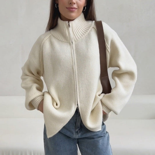 Solid Color Stand Collar Knitted Cardigan Women's Top