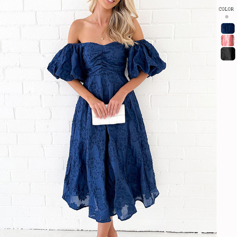 Spring And Summer Seaside Vacation Style Puff Sleeve Waist-tight Dress Women