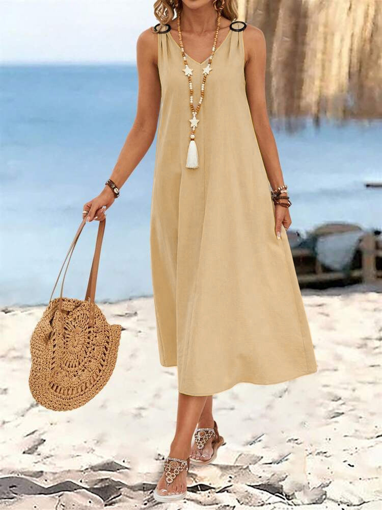 Elegant Women's Buckle V-neck Sleeveless Dress