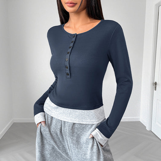 Casual Laid-back Style Round Neck Slim-fit Assorted Colors Fake Two-piece Long-sleeved Top For Women