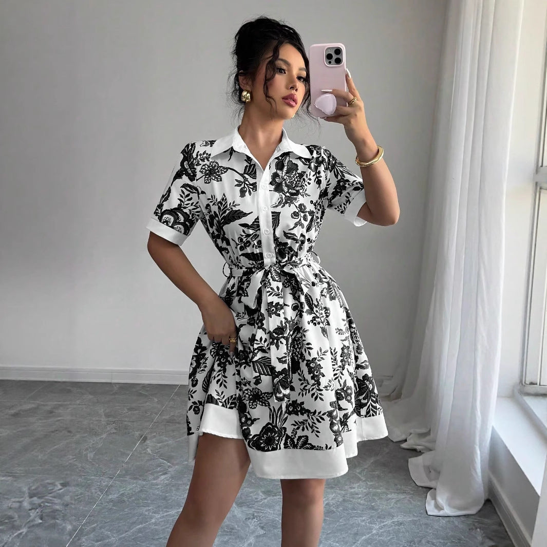 Simplicity Waist-controlled Printed Lace Up Short Sleeve Dress