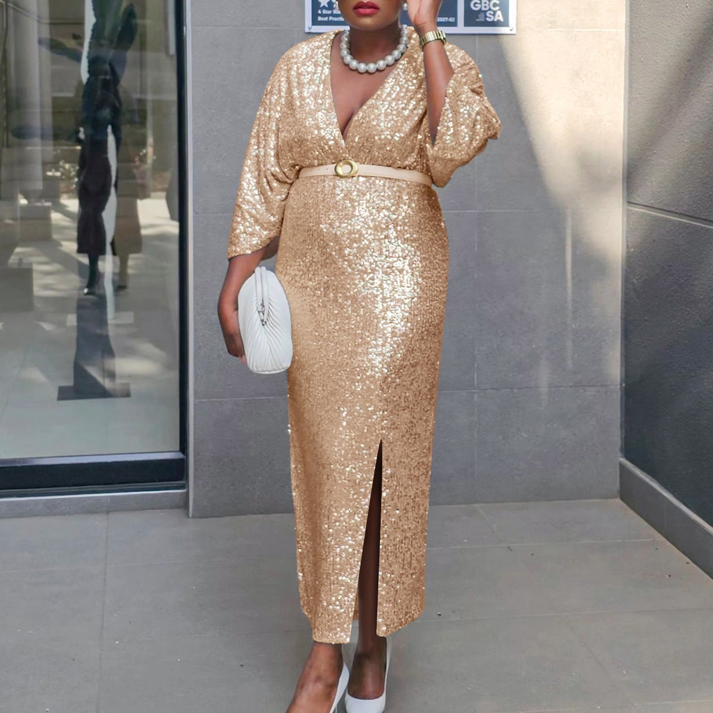 Fashion Temperament V-neck Sexy Slimming Sequins Plus Size Dress