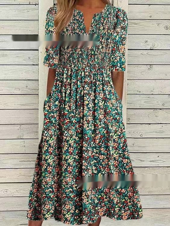 Women's Printed Floral V-neck Olive Mid-sleeve Pocket Dress