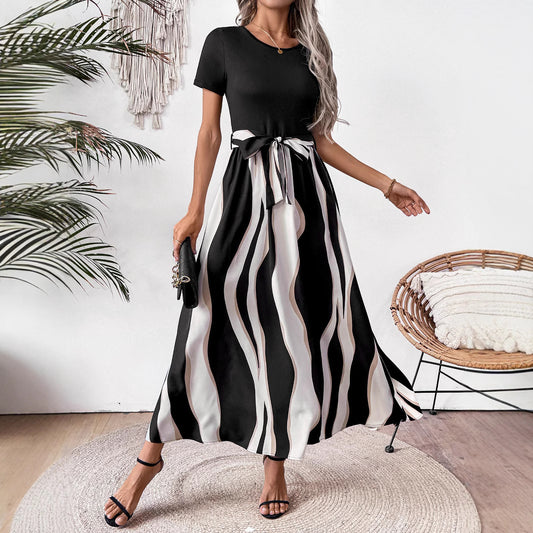 Round Neck Stitching Printing Short Sleeve Large Swing Dress