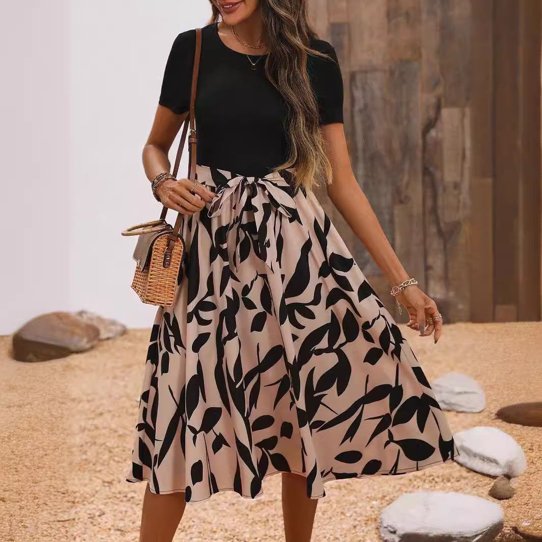 Women's Fashion Printed Stitching Short Sleeves Dress