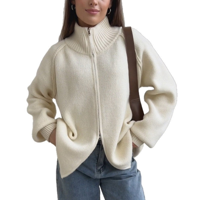 Solid Color Stand Collar Knitted Cardigan Women's Top