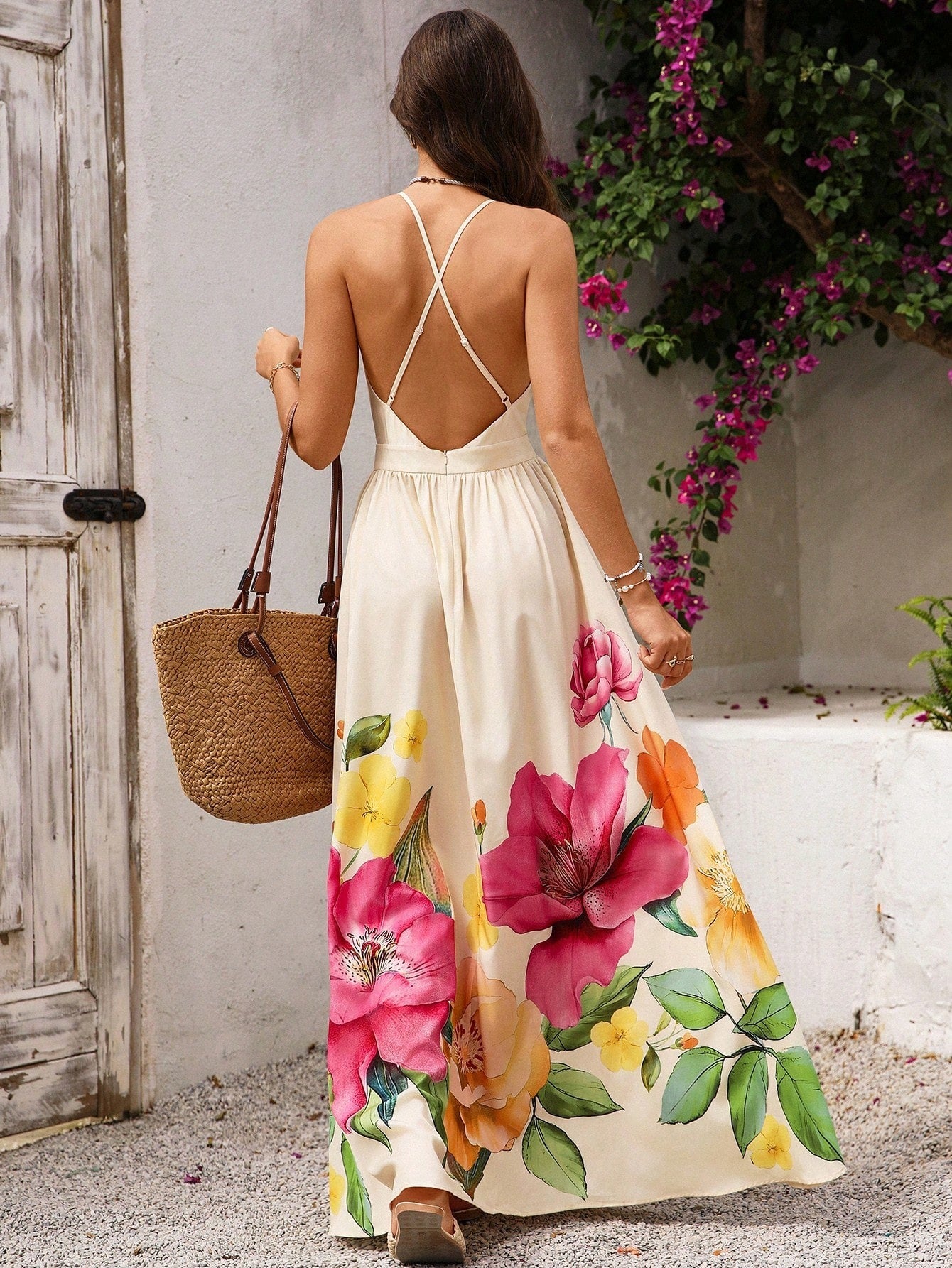 Women's Printed Deep V-neck Backless Dress