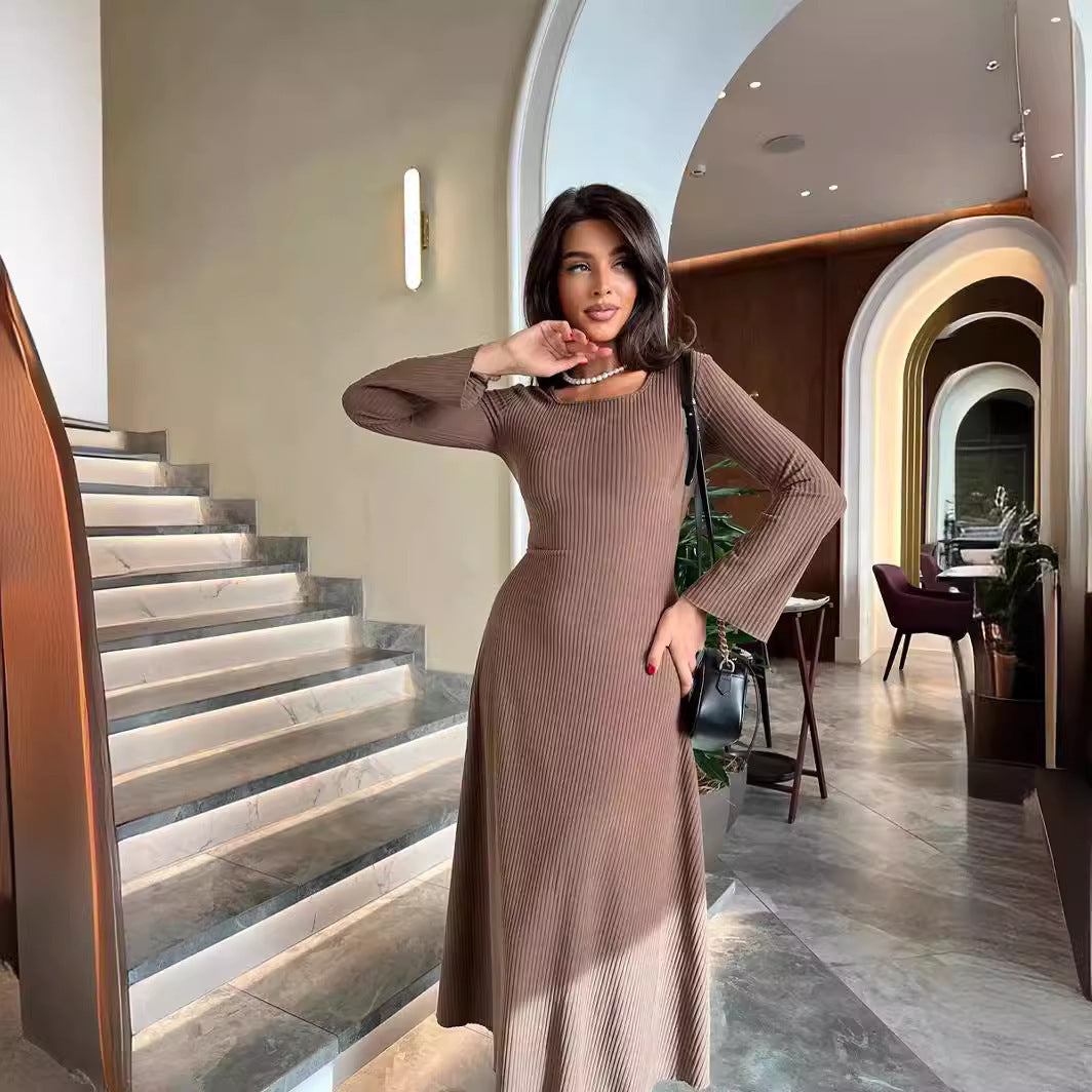 Fashionable Elegant Slim Fit Square Collar Long Sleeve A- Line Dress Women