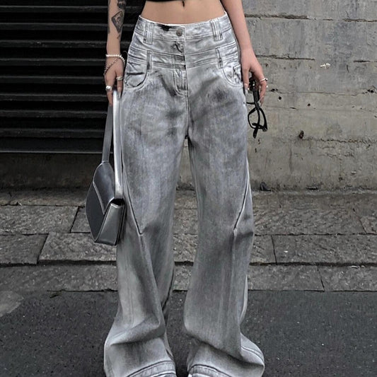 Women's Retro Straight Jeans With Old And Dirty Design
