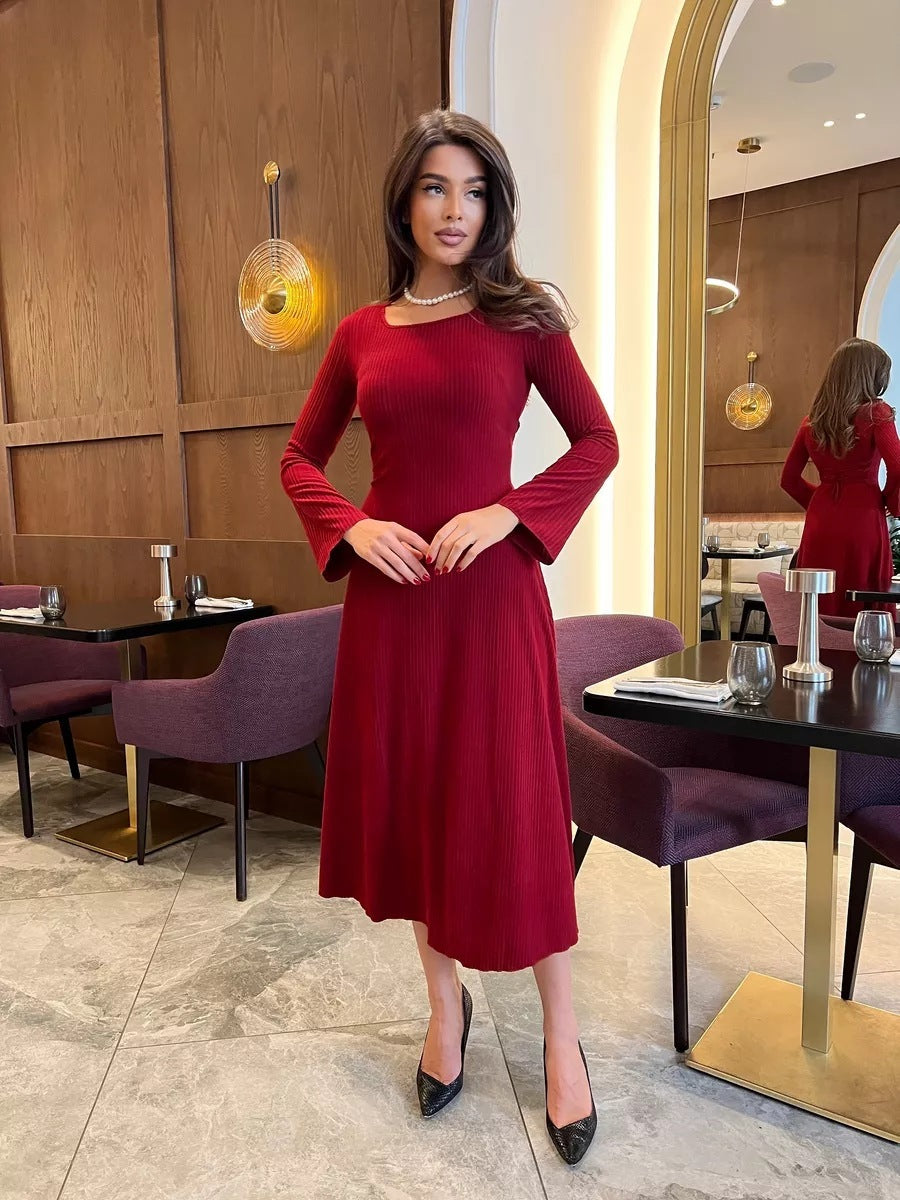 Fashionable Elegant Slim Fit Square Collar Long Sleeve A- Line Dress Women