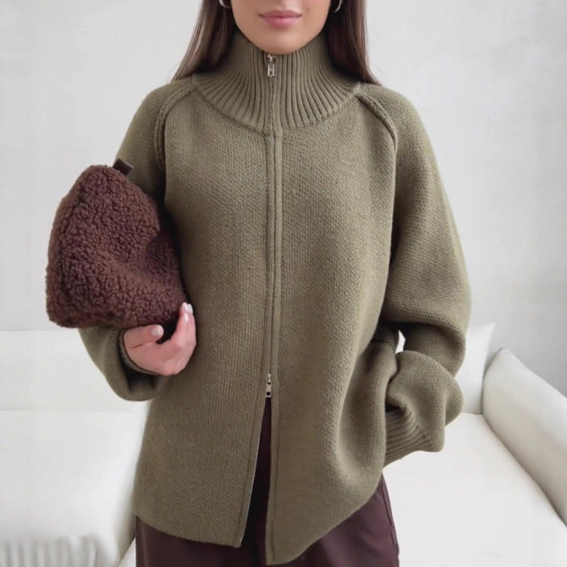 Solid Color Stand Collar Knitted Cardigan Women's Top
