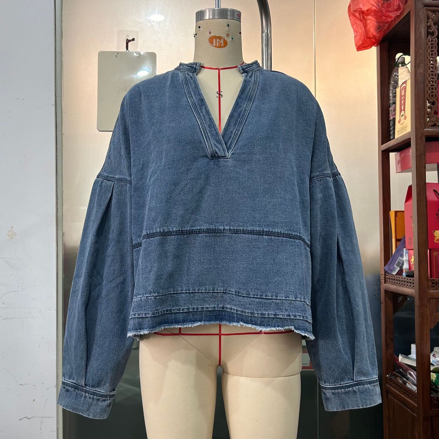 New V-neck Long Sleeve Loose Stitching Denim Long Sleeve Loose All-matching Top