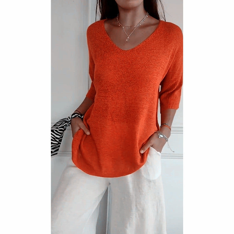Knitwear Casual Sweater Slimming V-neckline 34 Sleeve Women's Bottoming Shirt