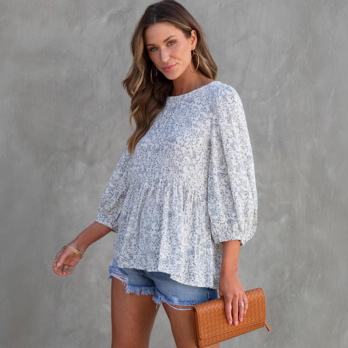 Digital Printing Small Floral Lantern Sleeve Short Sleeve Loose Casual Women's Clothing