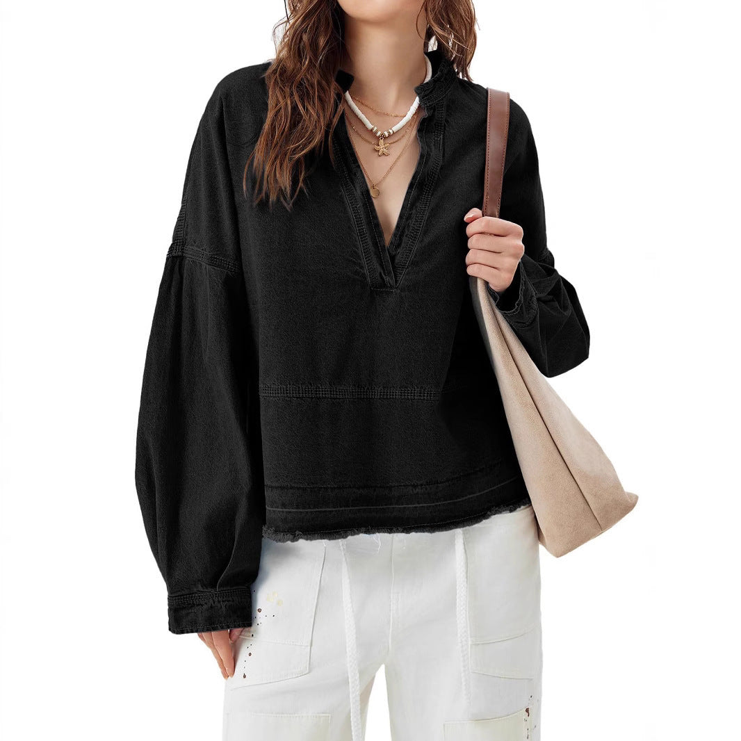 New V-neck Long Sleeve Loose Stitching Denim Long Sleeve Loose All-matching Top