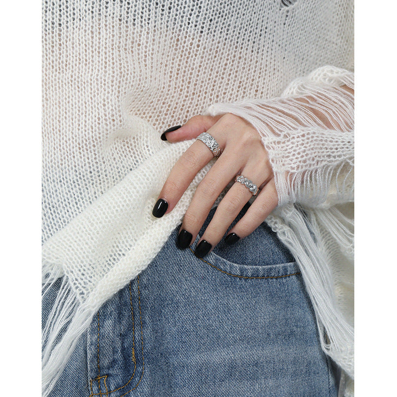 All-match Hammered Texture S925 Openning Silver Ring Female