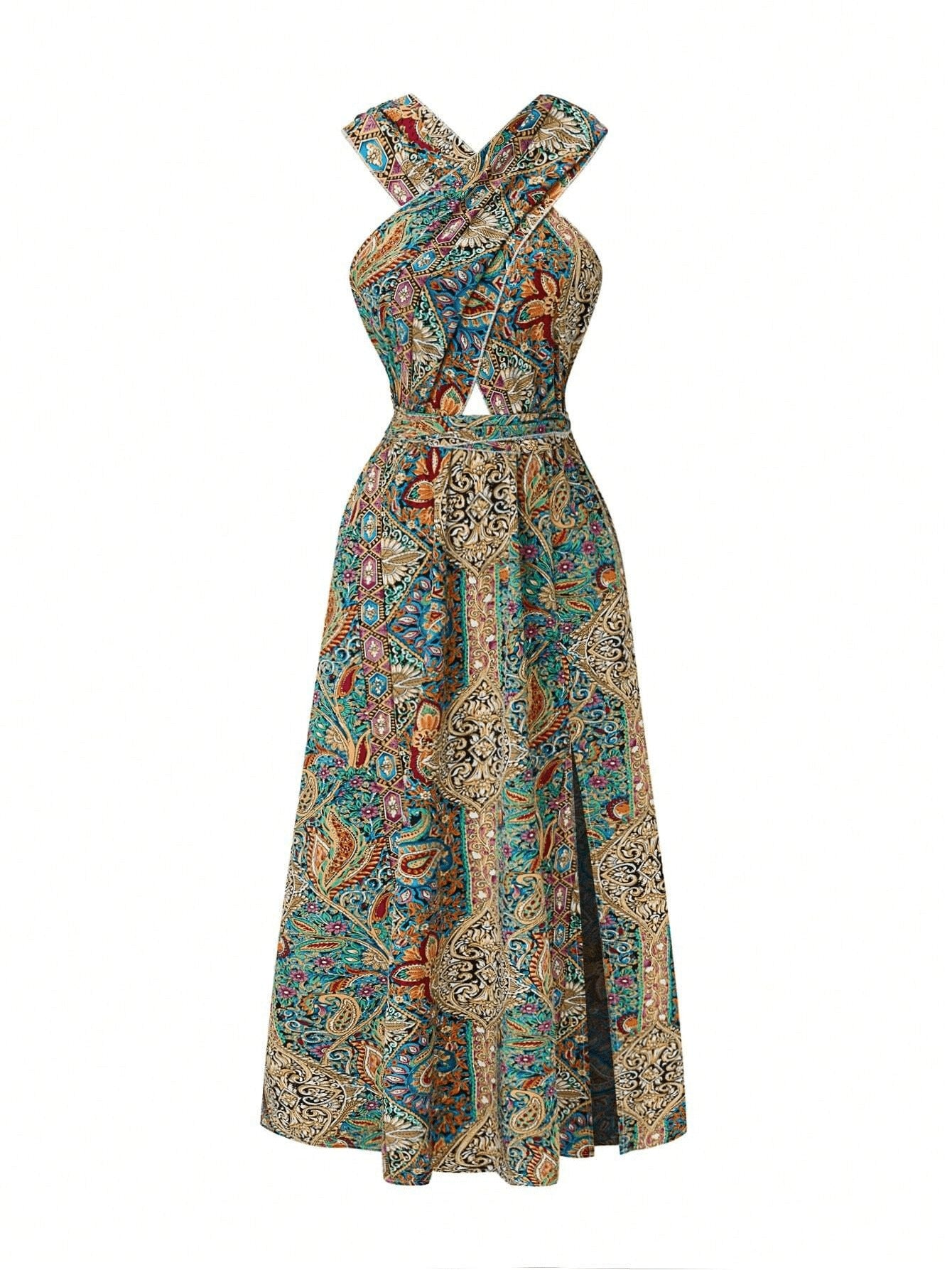 Wrap-around Strappy Printed Halter High-waisted Dress