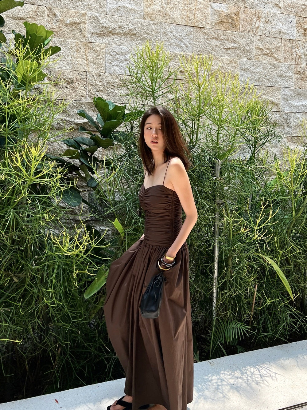 Cotton Pleated V-neck Waist Strap Low Waist Mid Length Dress