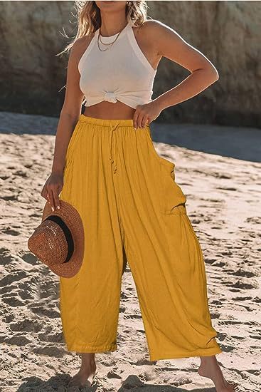 Elastic Pleated High Waist Cotton Linen Wide Leg Pants