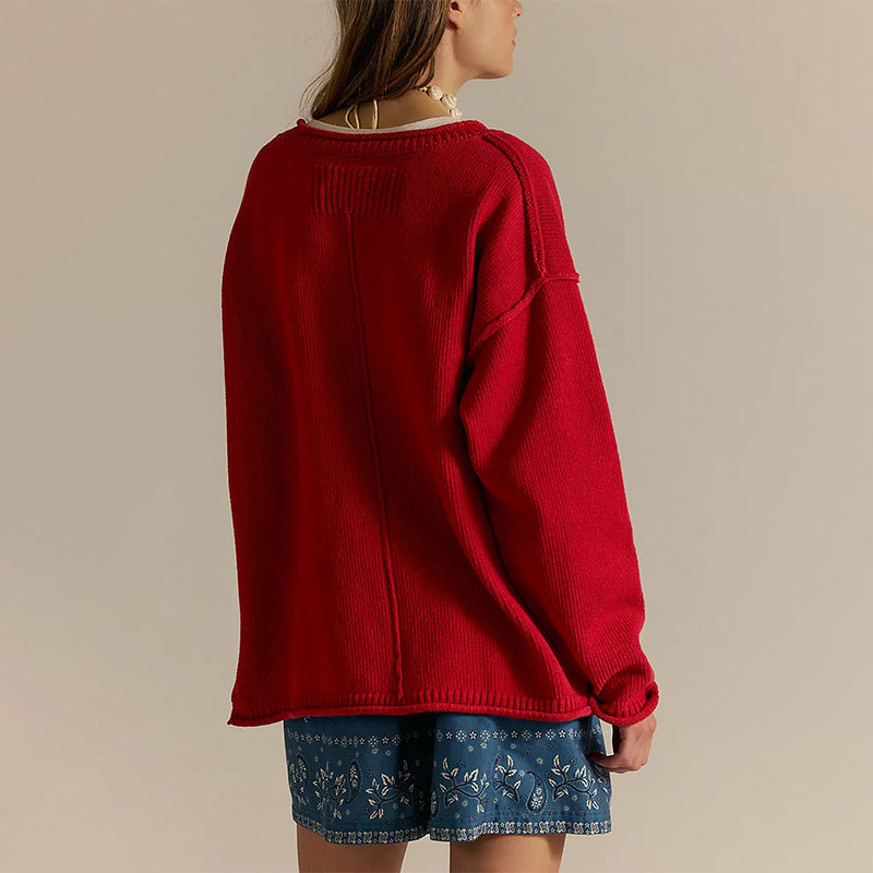 Solid Color Round Neck Loose Versatile Basic Pullover Sweater