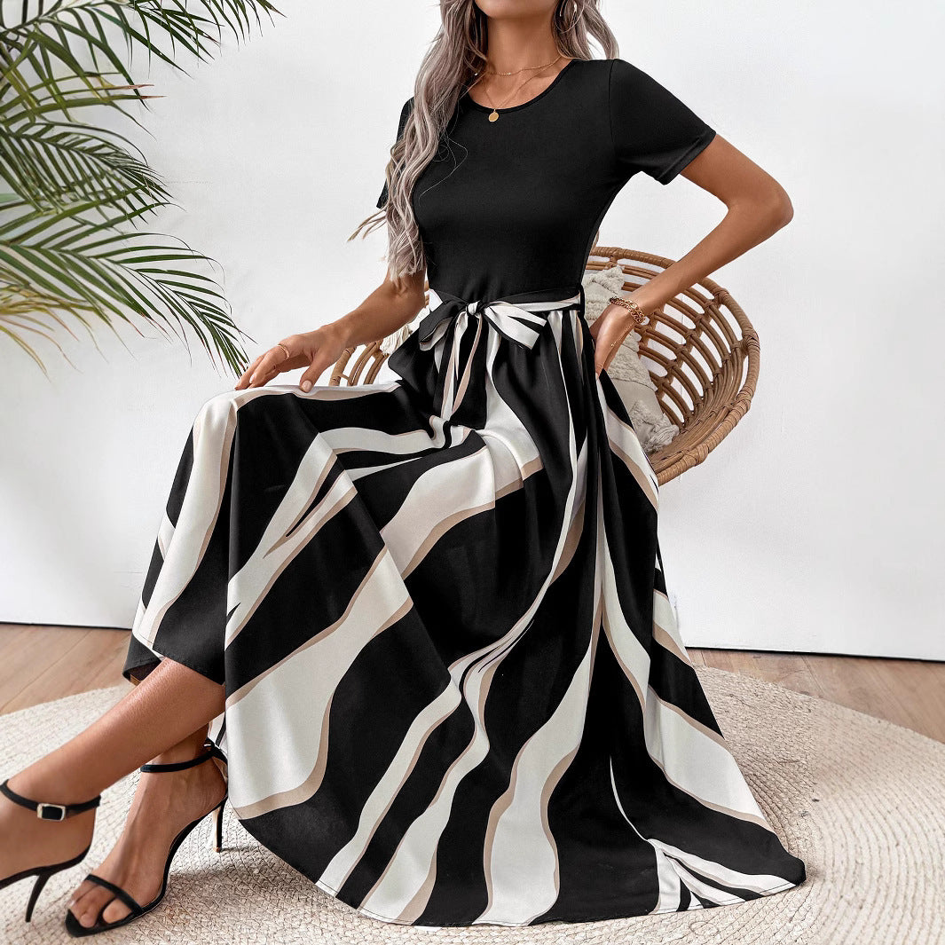 Round Neck Stitching Printing Short Sleeve Large Swing Dress