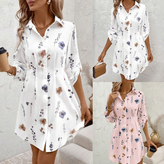 Elegant Floral Printing Lapel Long Sleeve Dress