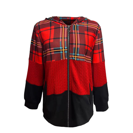 Fashion Loose Patchwork Assorted Colors Plaid Hooded Zipper Jacket