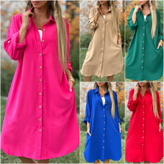 Women's Solid Color Loose Casual Long Sleeves Button Shirt Dress