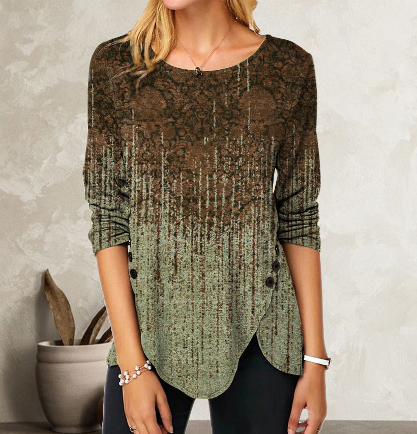 3D Digital Retro Printed Button Irregular Hem Round Neck Long Sleeve