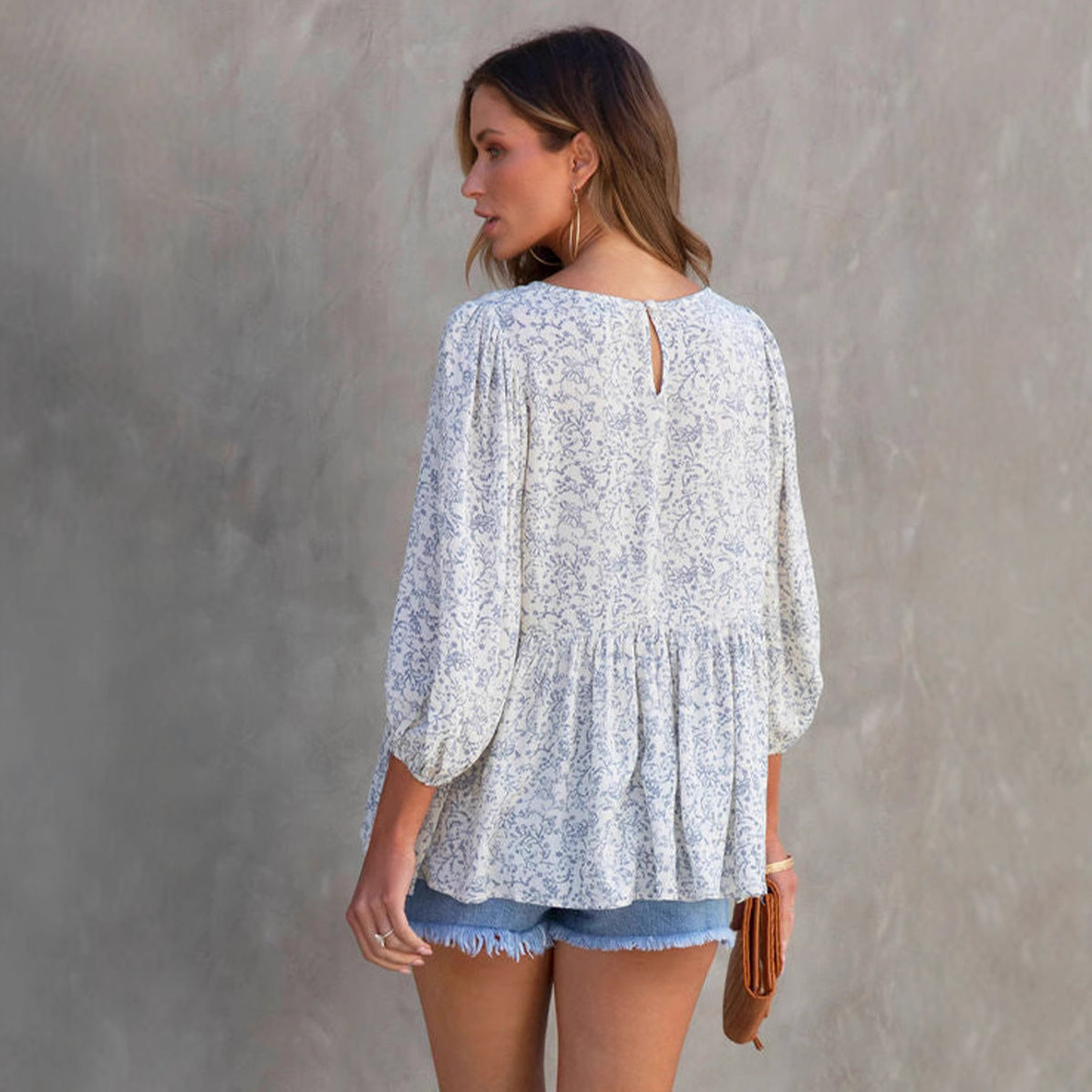 Digital Printing Small Floral Lantern Sleeve Short Sleeve Loose Casual Women's Clothing