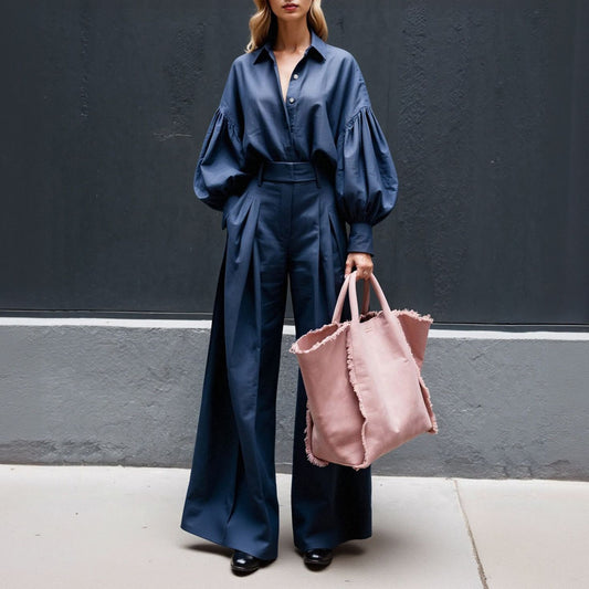 Long-sleeved Shirt Wide-leg Pants Cotton And Linen Two-piece Suit