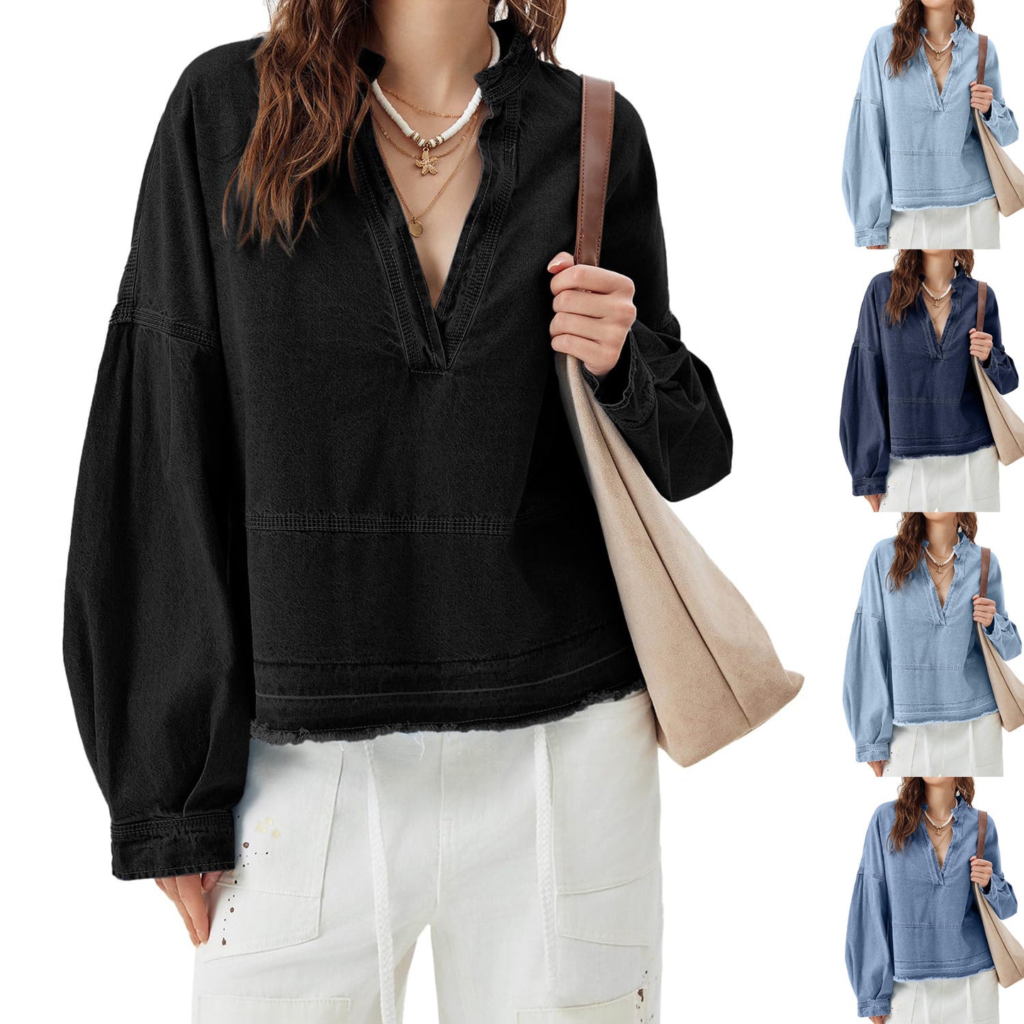 New V-neck Long Sleeve Loose Stitching Denim Long Sleeve Loose All-matching Top