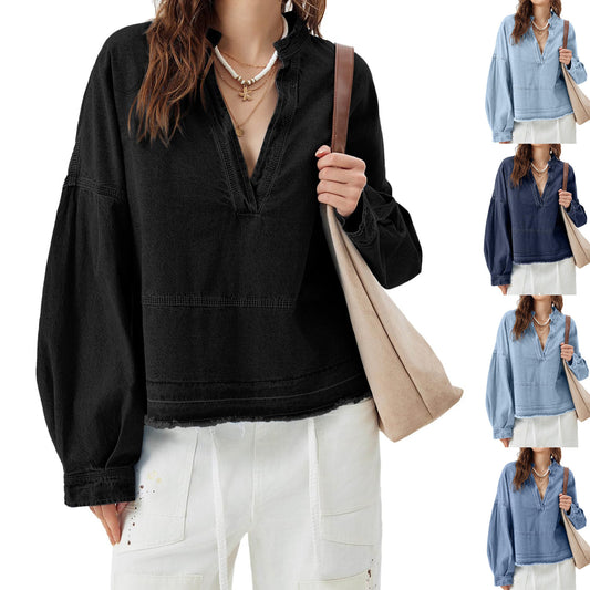 New V-neck Long Sleeve Loose Stitching Denim Long Sleeve Loose All-matching Top