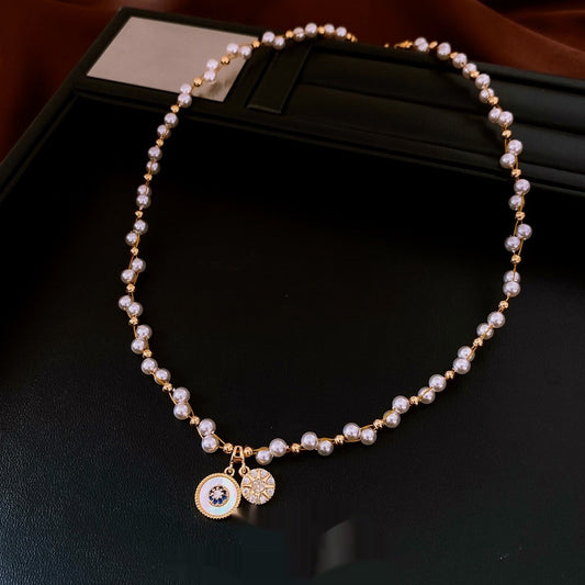 Real Gold Electroplated Zircon Pearl Round Pendant Necklace Light Luxury Clavicle Chain