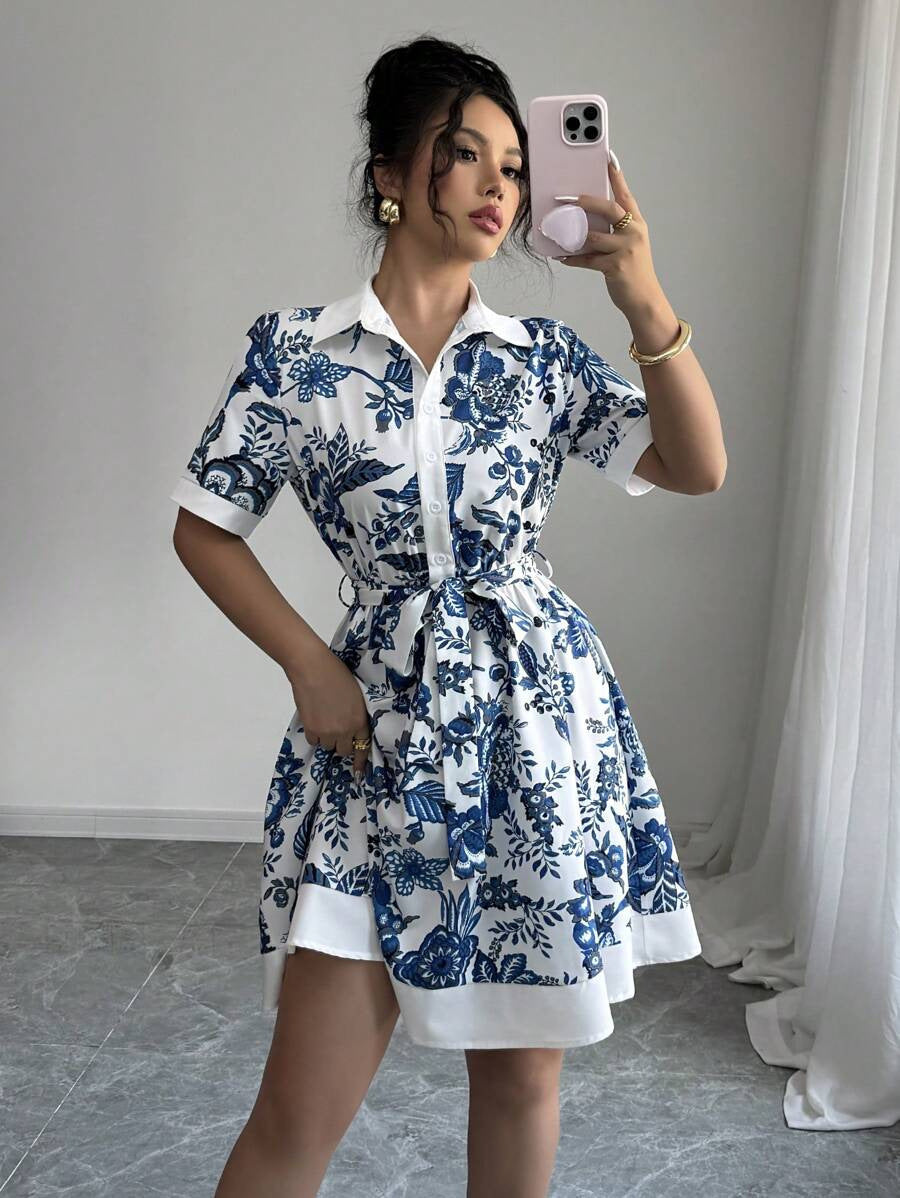 Simplicity Waist-controlled Printed Lace Up Short Sleeve Dress