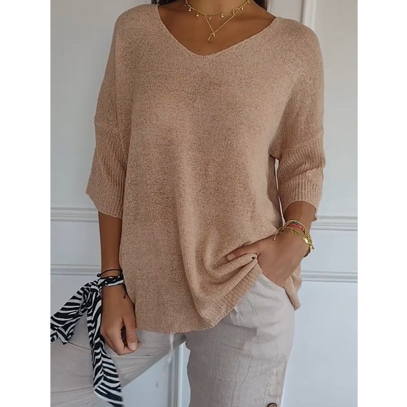 Knitwear Casual Sweater Slimming V-neckline 34 Sleeve Women's Bottoming Shirt