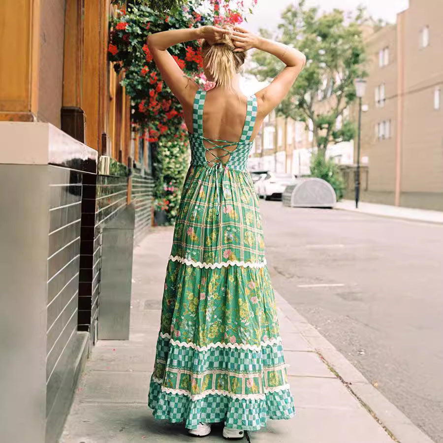 European And American Women's Clothing Spaghetti-strap Floral Print Dress Fashion