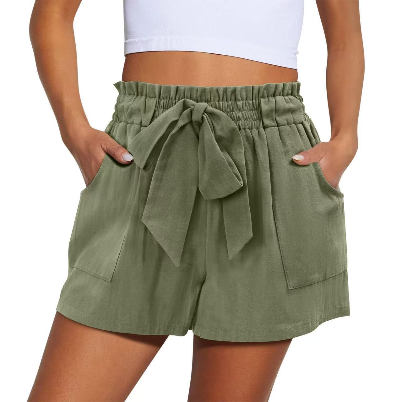 Summer New Elastic Waist Drawstring Knotted Short Solid Color Casual Women