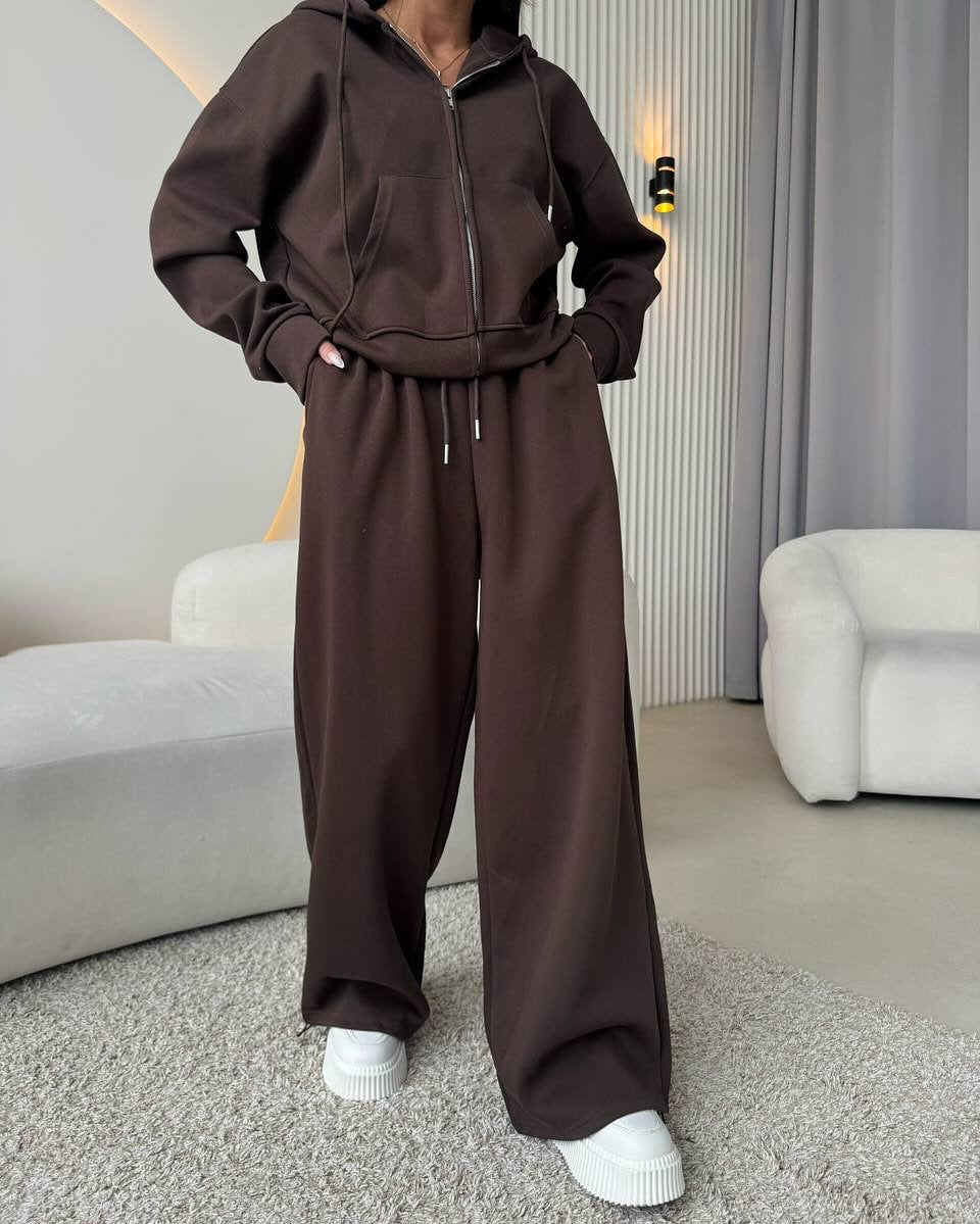 European And American Solid Color Long Sleeve Zipper Cardigan Hoodie Lace-up Trousers Two-piece Set