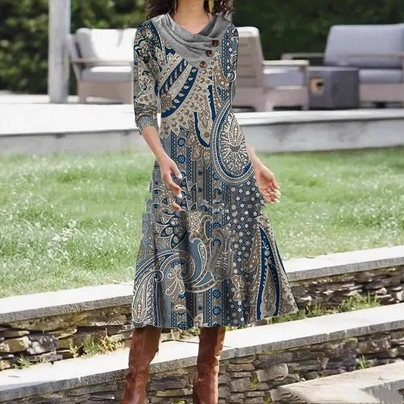 Overlapping Collar Mid-length Printed Dress