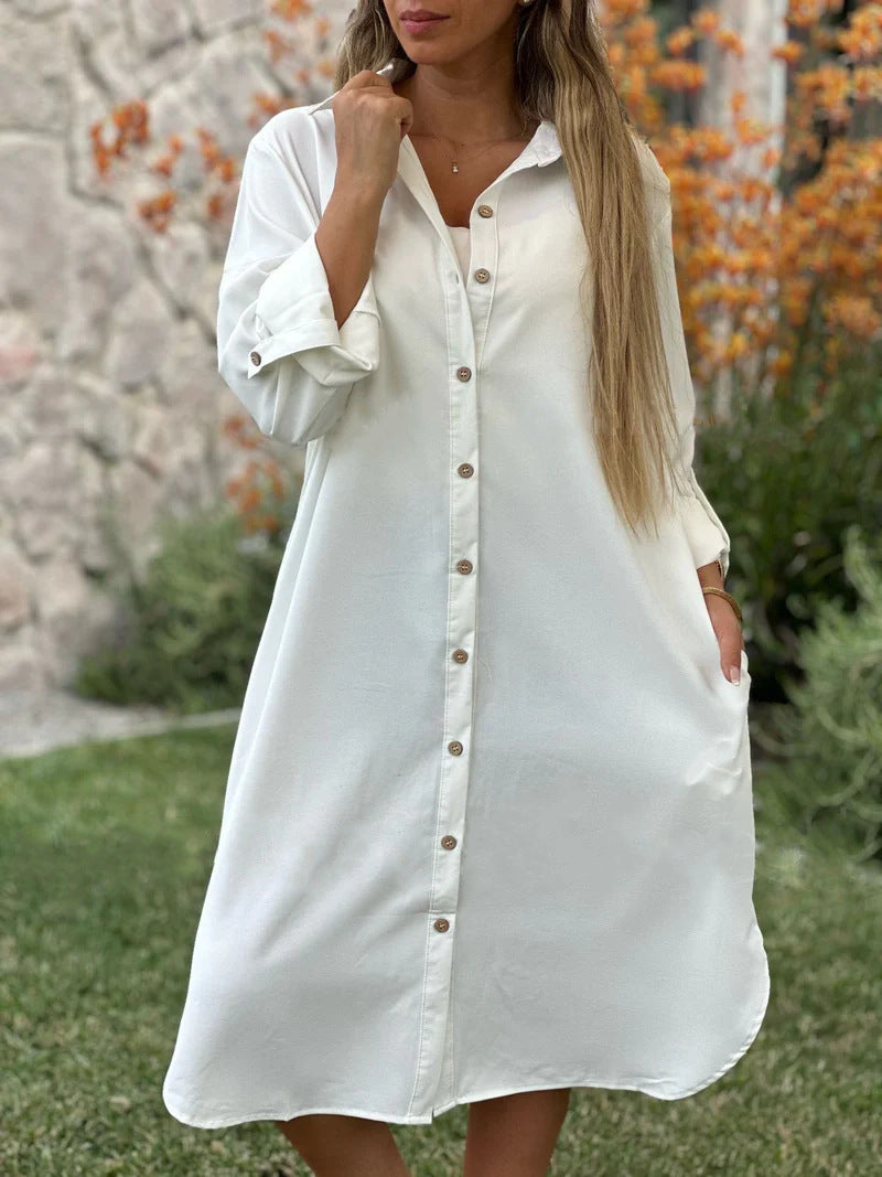 Women's Solid Color Loose Casual Long Sleeves Button Shirt Dress