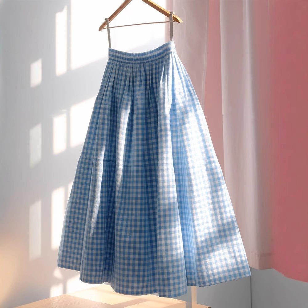 Women's Versatile French High Waisted A-line Plaid Linen Skirt