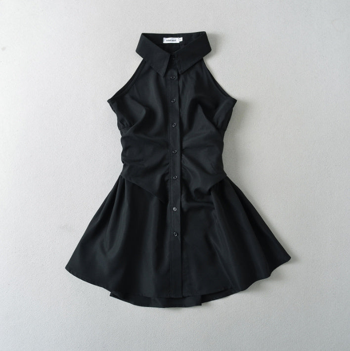 2024 Summer New Pure Desire Style Slim Fit Slimming Waist Pleating Sleeveless Shirt Dress Polo Collar Dress