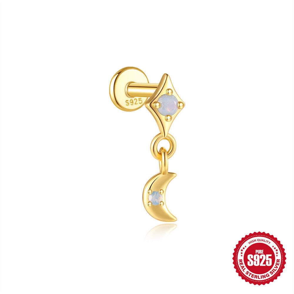 Sterling Silver Opal Diamond-embedded Flat Head Thread Piercing Ear Bone Stud