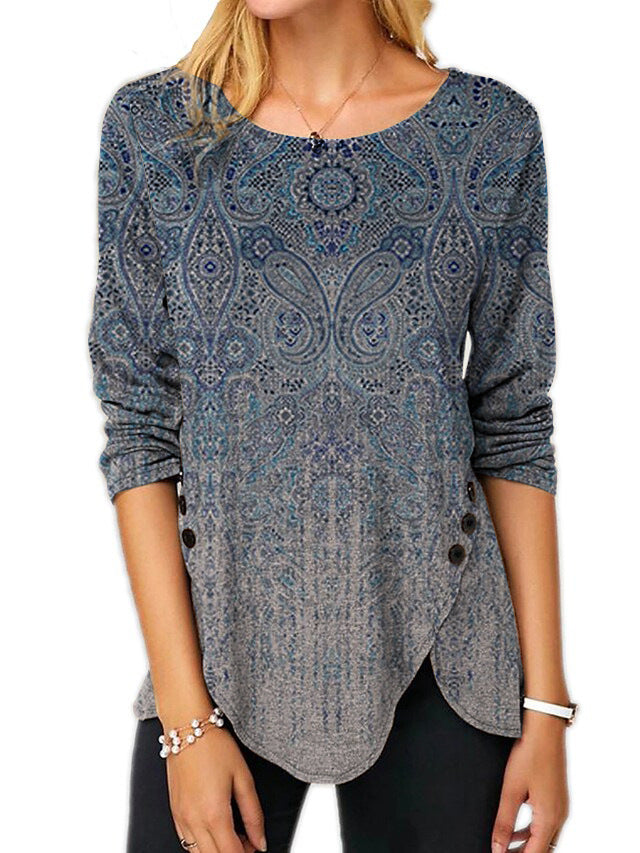 3D Digital Retro Printed Button Irregular Hem Round Neck Long Sleeve