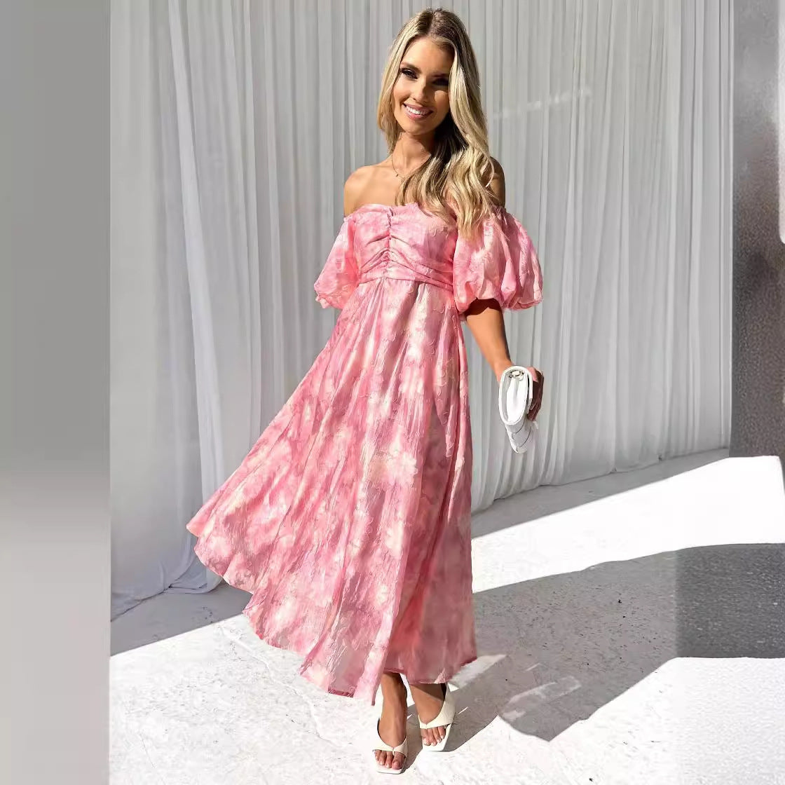 Spring And Summer Seaside Vacation Style Puff Sleeve Waist-tight Dress Women