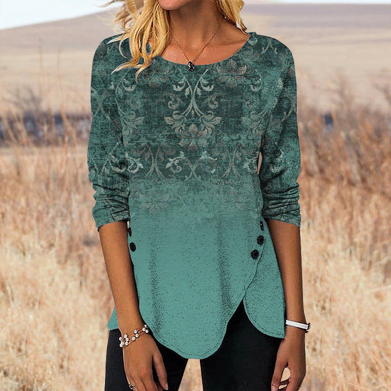 3D Digital Retro Printed Button Irregular Hem Round Neck Long Sleeve