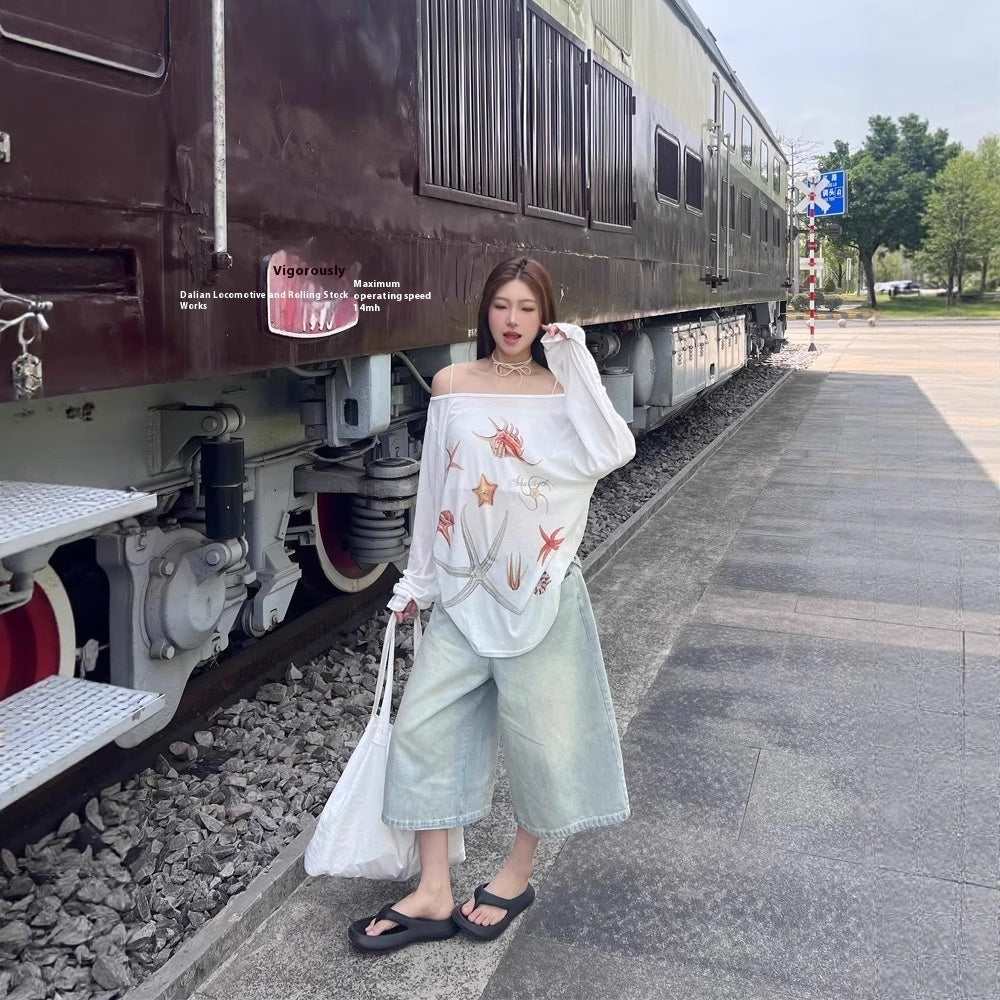 Starfish Printed Wide Collar Off-the-shoulder Sun Protection Long Sleeve T-shirt Women